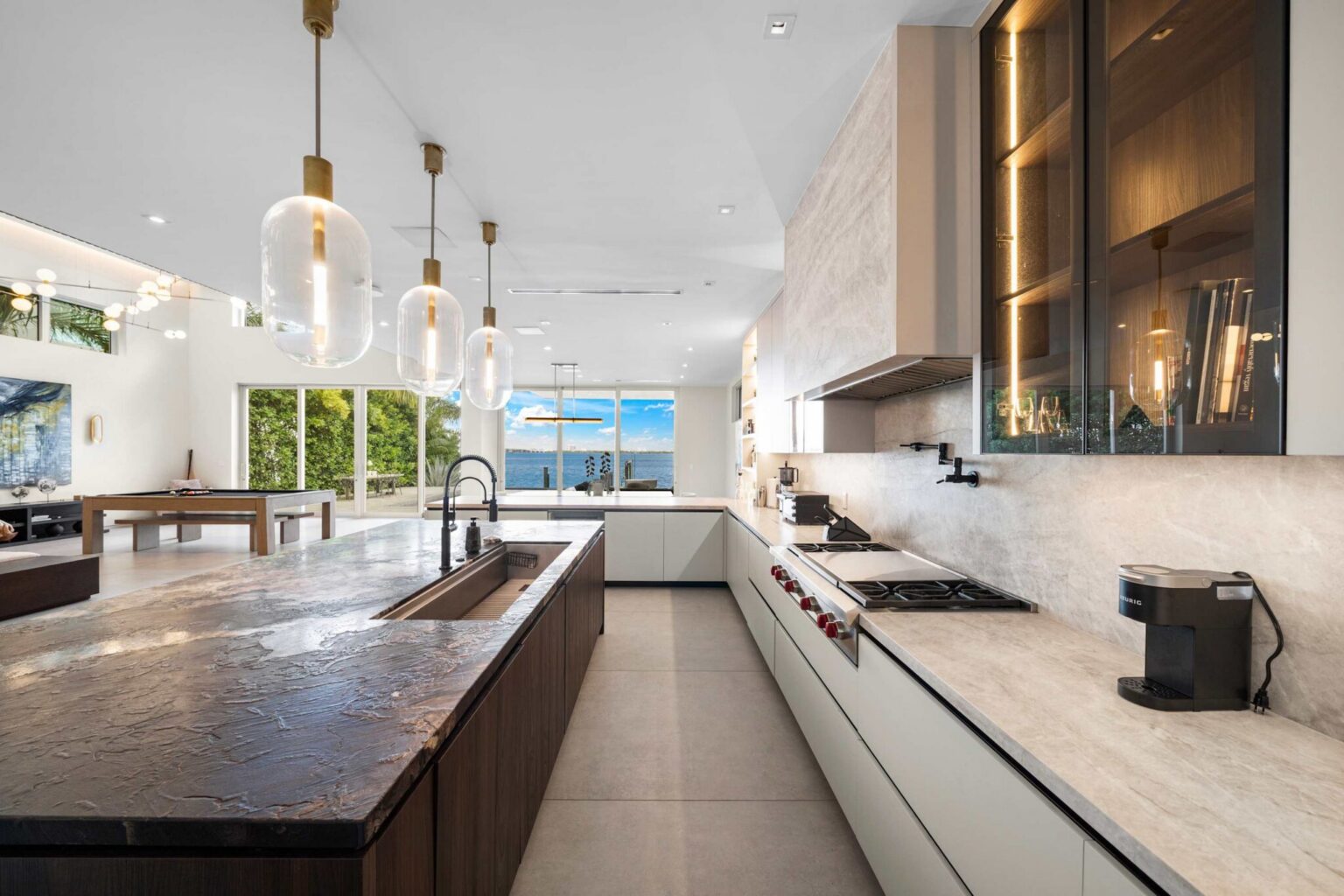 Contemporary elegance defines this chef’s kitchen with bespoke details and breathtaking views.