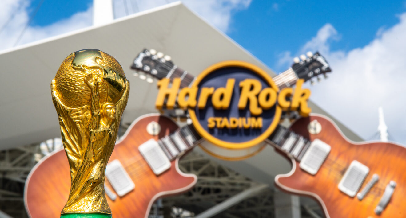 Hard Rock Stadium in Miami, Florida, hosting FIFA World Cup 2026 matches with thousands of soccer fans in attendance.