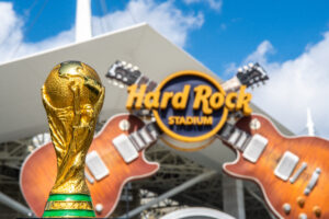 Hard Rock Stadium in Miami, Florida, hosting FIFA World Cup 2026 matches with thousands of soccer fans in attendance.