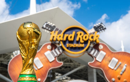 Hard Rock Stadium in Miami, Florida, hosting FIFA World Cup 2026 matches with thousands of soccer fans in attendance.